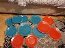  Vintage Pyrex Sprayware Plates Set Of 12 Orange Blue 