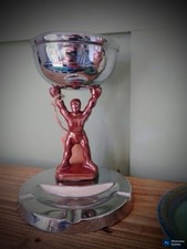 Unusual Ashtray Enamel & Chrome Plate Atlas Design Trophy - Antique Collectable