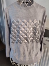 Karen Millen Grey Sequin Diamond Knit Wool Blend Jumper Size 16 UK VGC