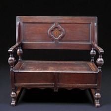 ANTIQUE Early 20th Century Inlaid Oak Settle MONKS BENCH