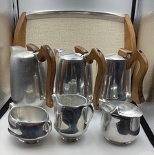 Picquot Ware Tea Set Tray Wood Handles Magnalium Formica Vintage MCM 1940s PPWH