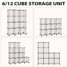 Interlocking Storage Unit 6/12 Cube DIY Wire Grid Bookcase Black Multifunctional