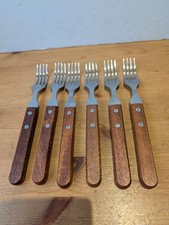 Set of 6 Vintage Steak Forks with Wooden Teak Handles - 20cm
