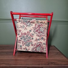 Vintage Knitting Basket Folding Upholstery Tapestry Fabric Wood Frame Poland