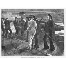 BRITISH NAVY Breech & Muzzle Loading Gun Drill on Board - Antique Print 1871