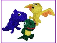 KNITTING PATTERN 503: 3 Dinosaur finger puppets, cartoon Jurassic Park style