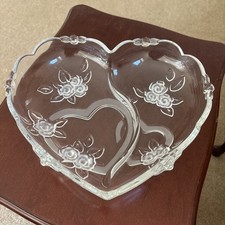 LARGE  CUT GLASS DISH with Divider+CUT WITH HEARTS & FLOWERS