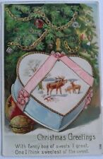 Vtg embossed postcard Christmas Greetings heart shaped box of sweets reindeer