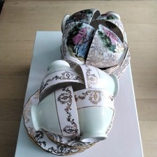 Vintage set of EIGHT bone china Trios in pretty box, two designs, gold trim