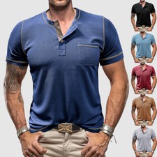 Mens Short Sleeve Henley T-shirt Button V Neck Casual Summer Grandad Shirts Tops