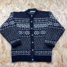 Vintage LL Bean Cardigan Dark Navy Nordic Fair Isle Metal Buttons Wool Blend M