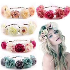 New Women Large Flower Crown Headband Hair Wreath Garland Ribbon Wedding Beach