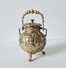 Antique Solid Brass Ornate Tri-Footed Cauldron With Handle Trinket Box