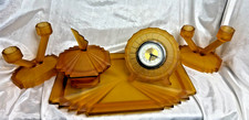 Lovely Vintage Bagley (?) Art Deco Frosted Amber Glass Dressing Table Set