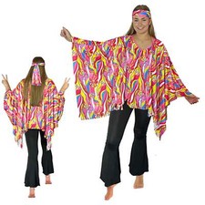 LADIES 1960S 1970S HIPPY FANCY DRESS COSTUME HIPPY WOMEN FLOWER POWER PONCHO