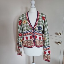 Vintage NEXT Cropped Cardigan Chunky Knit Patterned Hearts Med Large O/S 46"