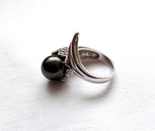 QVC Large Chunky Silver Ring Sparkling Stones Faux Black Pearl UK N US 6.5 - 7