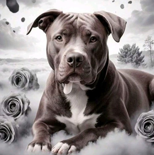 R151 staffy dog roses - dog,