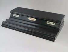 Good antique vintage ebonised wooden desk top inkwell writing dip pen rest/stand