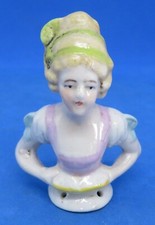 Porcelain vintage Art Deco antique purple dress half doll pin cushion figurine