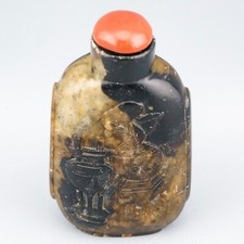 Antique Chinese Soapstone Coral Snuff Bottle Carved Deer Qing 19th Century
