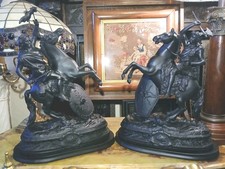  2 Antique Spelter Sculpture Mounted Knight Warrior on Horse Théodore Doriot
