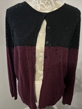 Clements Ribeiro Women's Cardigan 14 M Black & Burgundy Gems Cashmere Wool Mix