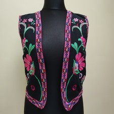 Occult Black pink floral Embroidered Waistcoat Vest size small green boho artsy