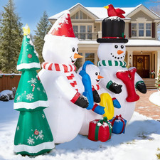 8FT Christmas Inflatable Snowman Family w/ JOY Sign 8 LED Lights Outdoor Decor