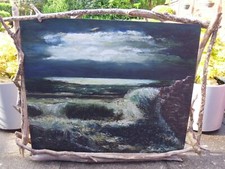 Oil painting of crashing waves at night in a handmade driftwood frame