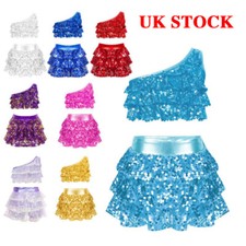 UK Girls Sequins 2 Piece Dance Outfit Crop Top with Skirt Samba Rumba Jazz Latin
