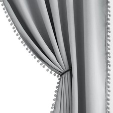 Grey Blackout Curtains Cute Pompom Trimming Drapes for Boys Girls Room 54 inches