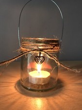 Hanging glass jar heart tea light Candle wedding shabby chic twine Lantern Vase