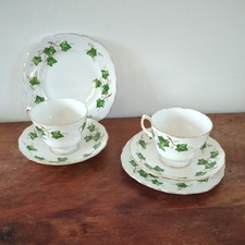 2 x Trio Vintage Ivy Leaf & Gilded Colclough Bone China Tea Cups