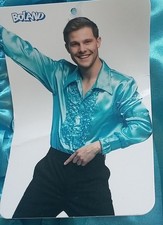 Mens Turquoise 70s Satin Disco Shirt with Ruffles Fancy Dress Costume Sz XXL