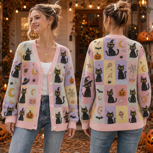 Black cat halloween cardigan - black,