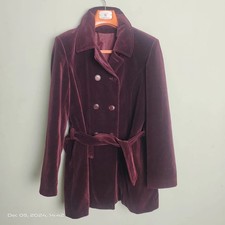 Yessica Women's Maroon Velour Velvet Button Up Belted Peacoat Jacket Size 44