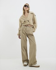 River Island Womens Wide Leg Jeans Beige Denim Tailored Baggy Trousers Bottoms