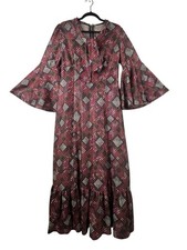 Vintage 1970s Maxi Dress Geometric Pattern Pink Glitter Flared Sleeve Disco 