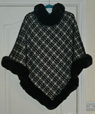 Frank Usher Knitted Poncho with Faux Fur Trim, Black Multi, New, One Size 
