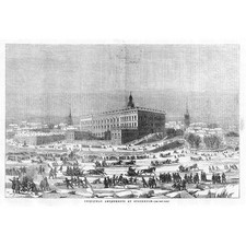 STOCKHOLM Christmas Fun - sledging, horse Sleigh, Snowballs - Antique Print 1855