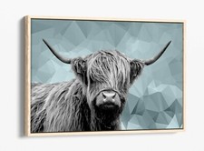 HIGHLAND COW DUCK EGG BLUE GEOMETRIC -FLOAT EFFECT CANVAS WALL ART PIC PRINT-