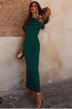 ZARA BOTTLE GREEN SATIN MIDI DRESS WITH FEATHERS SIZE Xs Bnwot B133