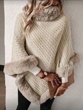Soleilvie Turtleneck  Fuzzy Trim Batwing Sleeve Poncho Sweater, Long Sleeve Tops