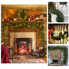 Christmas Garland Decoration Pre-Lit Fireplace Wreath LED Xmas Lights Timer 9ft