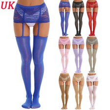 UK Womens Sexy See-Through Skirt Thigh High Stockings+Suspender Garter Belt