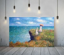 MONET THE CLIFF WALK -FRAMED CANVAS PAINTING WALL ART PICTURE PAPER PRINT- GREEN