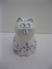 Burnham Pottery Wells Cat Blue & White Hand Painted Vintage Retro VGC FREE P&P