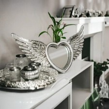 Large Heart Wall Mirror Silver Angel Wings Resin Feather Effect Hanging Standing