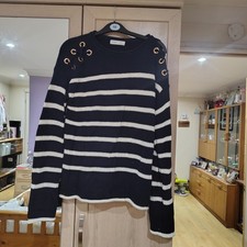 Primark navy and white Striped Jumper With Shoulder Detail. Size 8